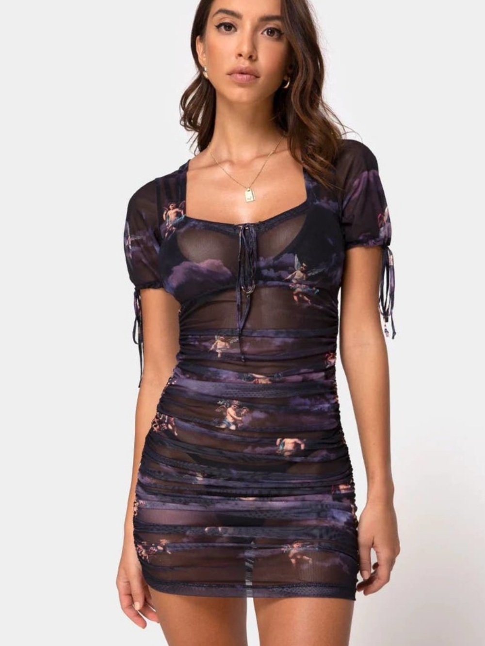 Ruched Sheer Mini Dress in Dark Purple Floral - Picture 5 of 9
